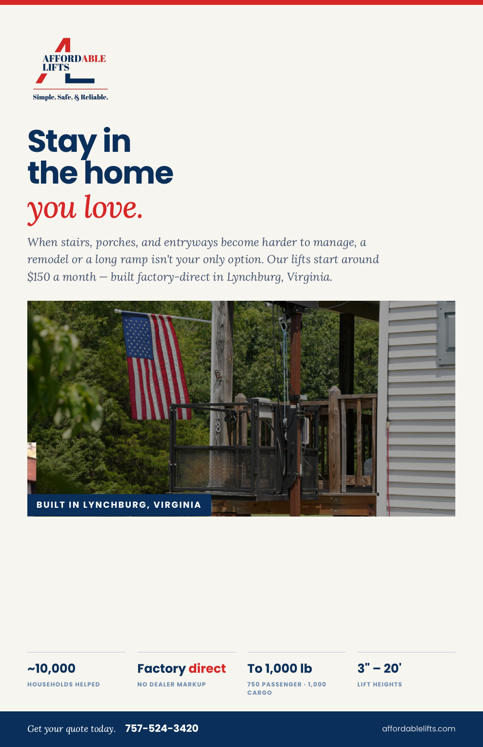 Affordable Lifts product guide cover showing a residential vertical platform lift
