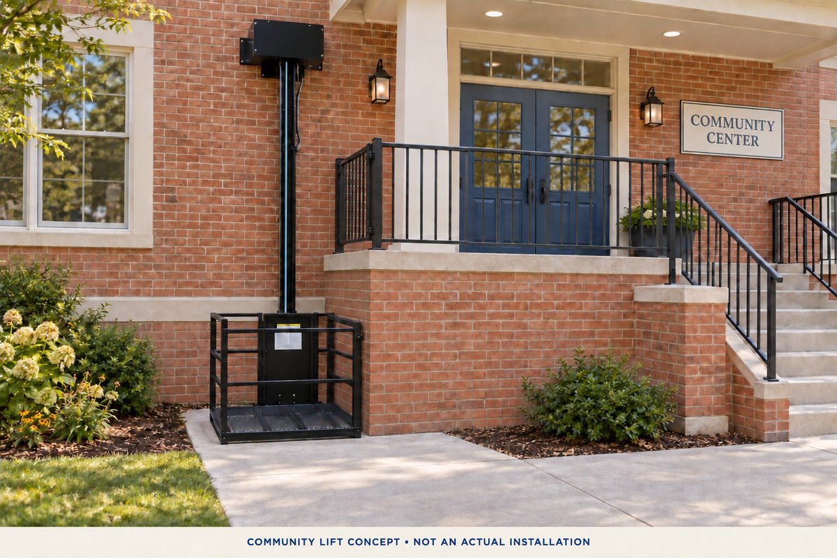 Community lift concept illustration showing a full platform lift beside a community-center entrance; not an actual installation
