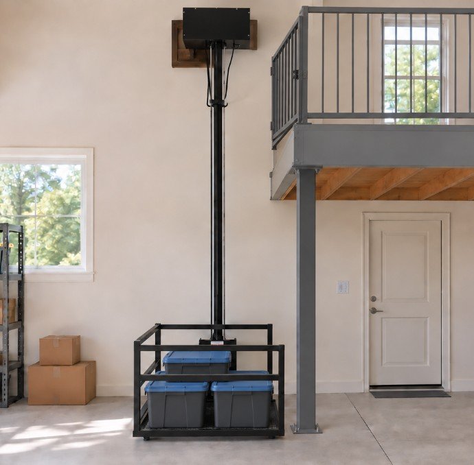 Cargo lift concept illustration with storage containers on the platform beside a mezzanine; materials only, not an actual installation